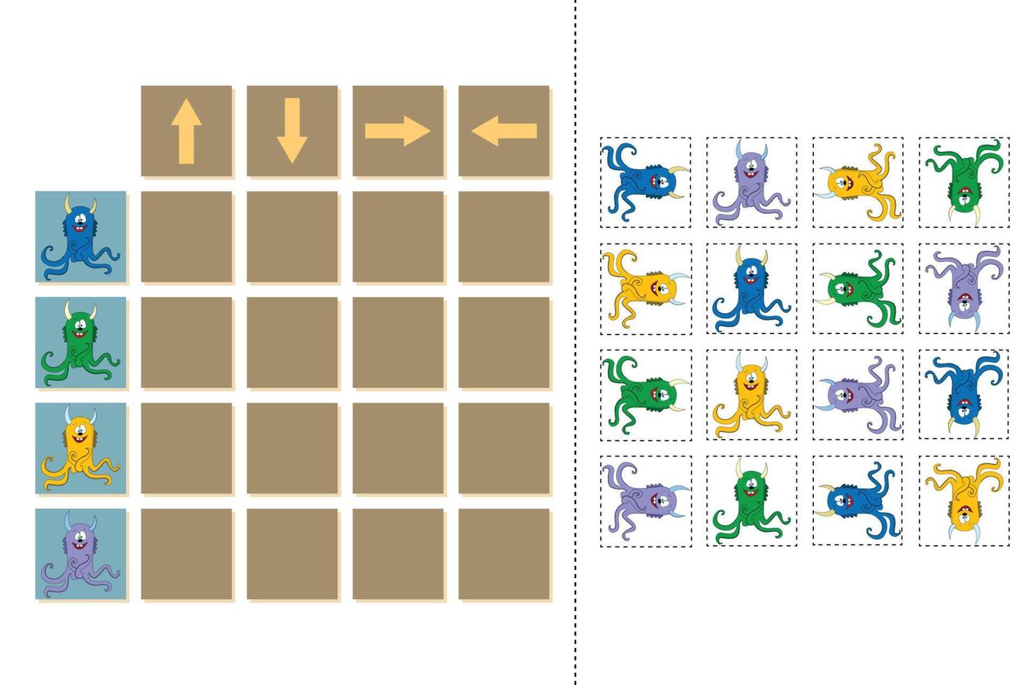 match cartoonmonsters en richtingen omhoog, omlaag, links en rechts. educatief spel voor kinderen. vector