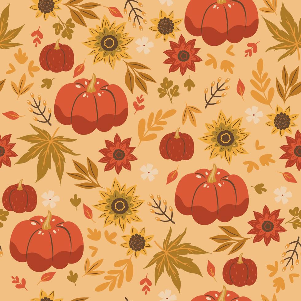 naadloos patroon met herfstbladeren, bessen, pompoenen en bloemen. vectorafbeeldingen. vector