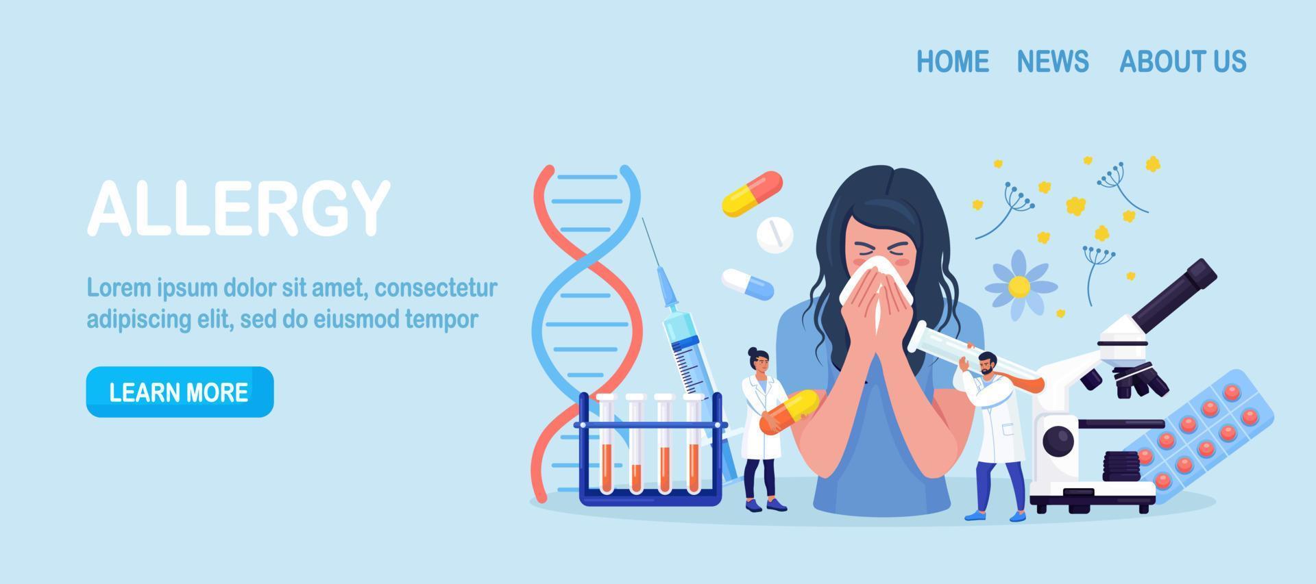 vrouw met allergie voor pollen. loopneus en tranende ogen. seizoensgebonden ziekte. ziekte met symptomen van hoesten, verkoudheid, niezen. arts behandelt allergie met medicijnen, pillen. onderzoek in de kliniek vector