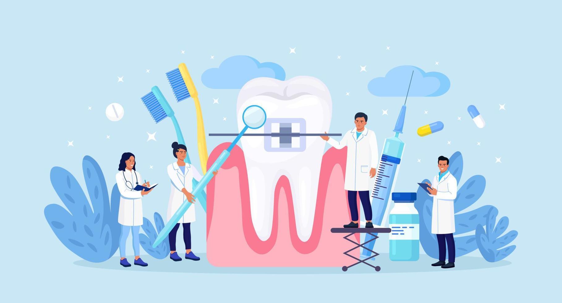 artsen die beugels installeren in de orthodontische kliniek. tandarts in uniform die menselijke tanden behandelt met beugels. protheses en tandheelkundige zorg. orthodontische behandeling en cosmetische tandheelkunde vector