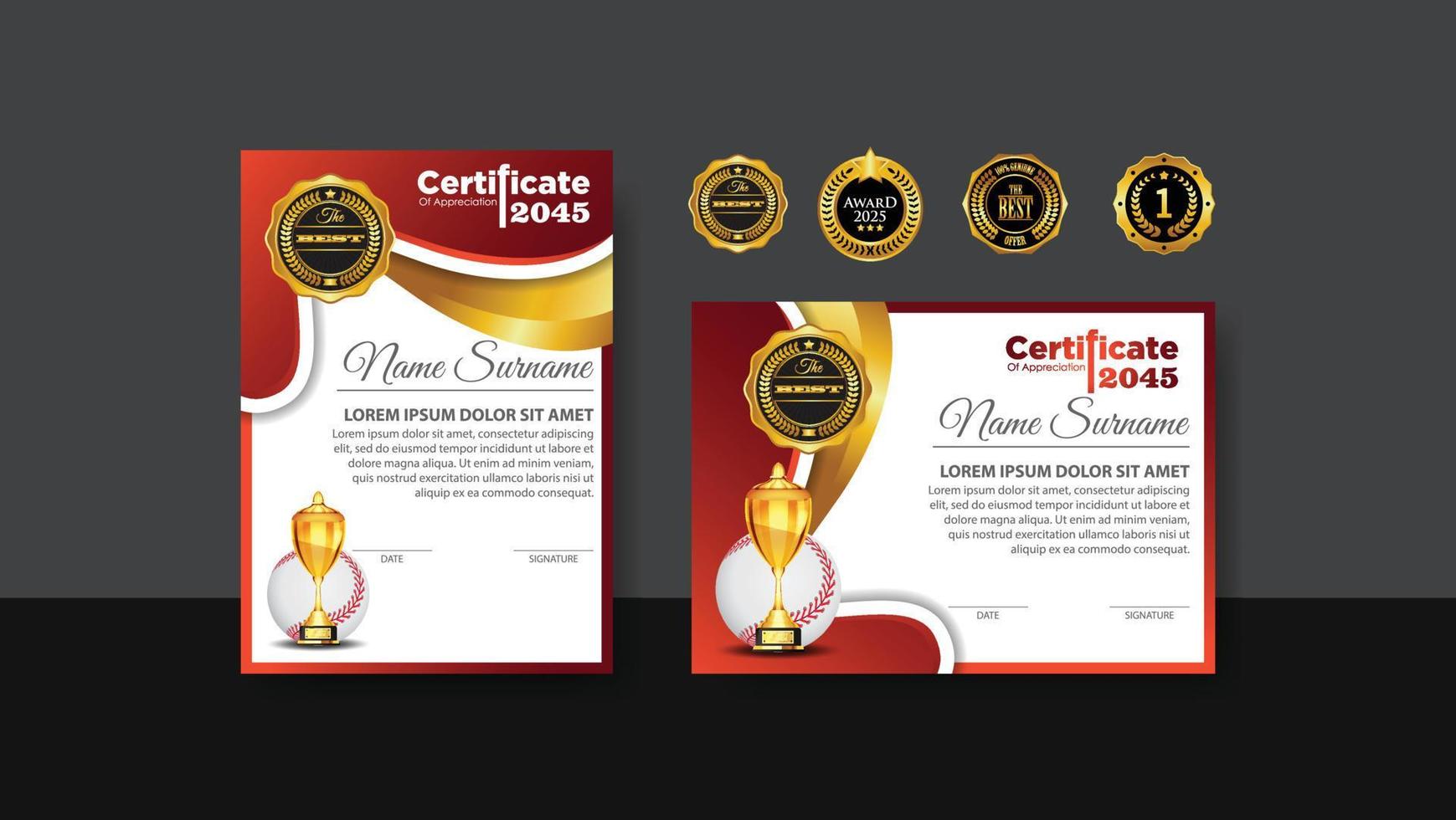 honkbal certificaat ontwerp met gouden beker set vector. basketbal. sport award sjabloon. prestatie ontwerp. diploma uitreiking. winnaar document. winnaarscup. illustratiesjablonen vector