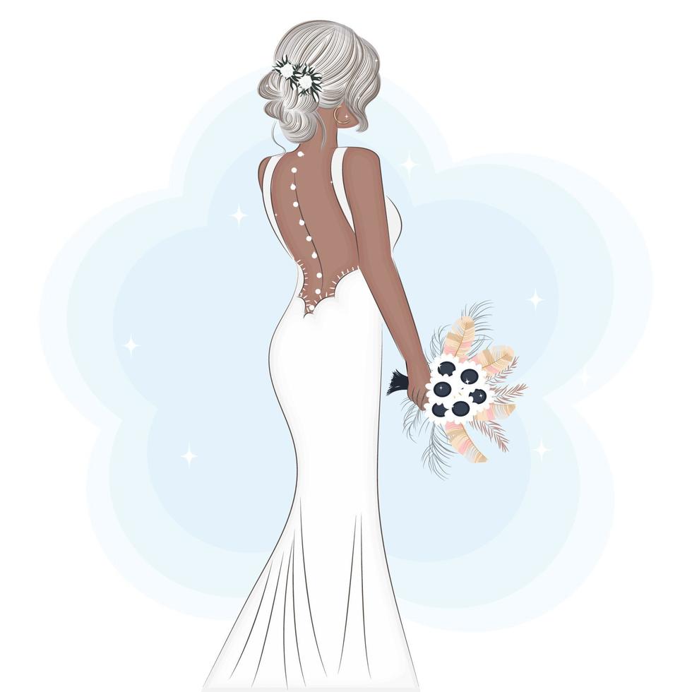 bruid in trouwjurk en boeket in boho-stijl, mode vectorillustratie, uitnodiging, briefkaart vector