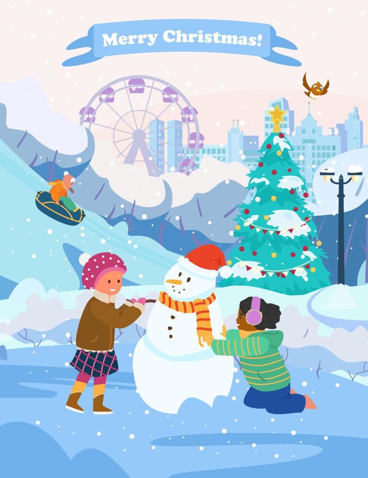 vector kerstkaart met kinderen sneeuwpop maken in winter park.