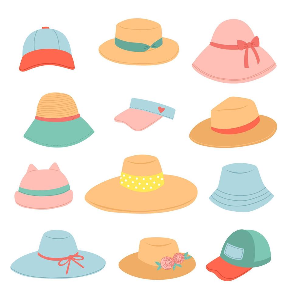 set zomer hoeden en petten, stro hoed platte ontwerp vectorillustratie. vector