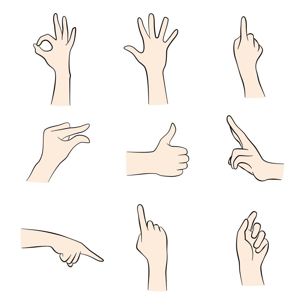 handen set elementen poseren met basis huidskleur. maak een symbolisch gebaar ok, spreid hand, wijs, hand knijp, geweldig, v-teken naar de zijkant gericht. vectorillustratie. vector