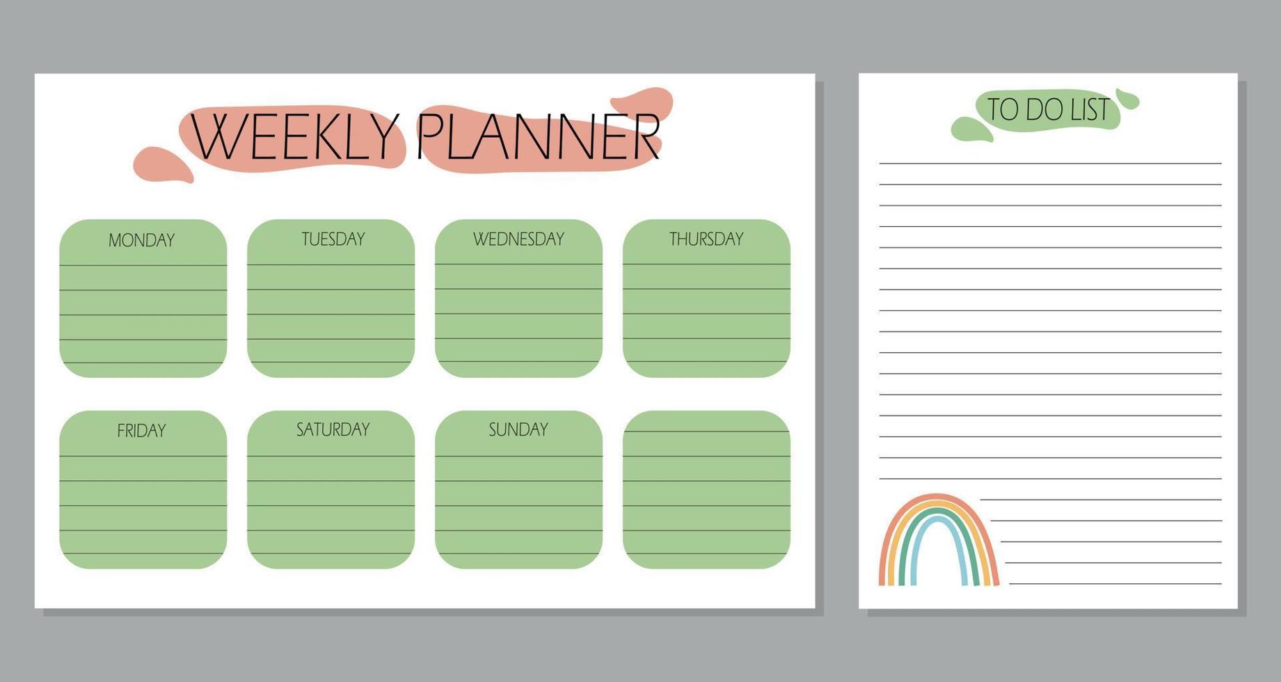 weekplanner en takenlijst met cartoon regenboog, sjabloonpagina, doodle handgetekende vectorillustratie. vector