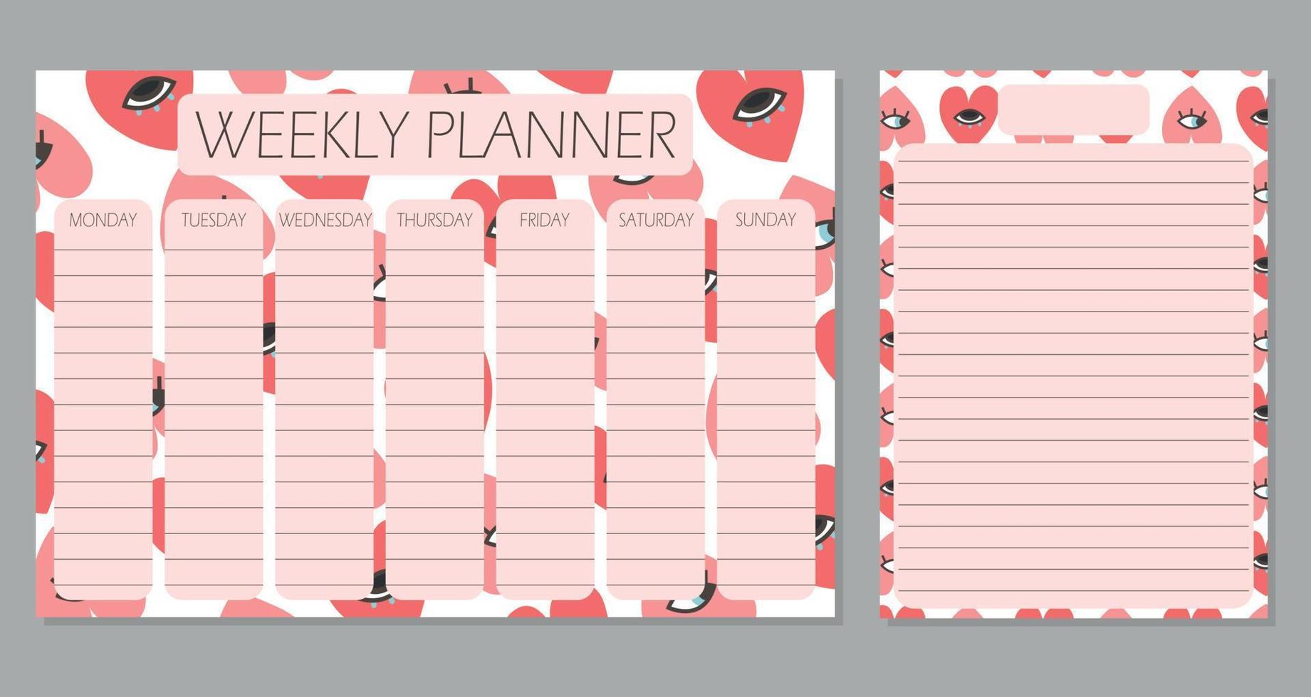 weekplanner en takenlijst met schattige harten, sjabloonpagina, doodle handgetekende vectorillustratie. liefdesconcept. vector