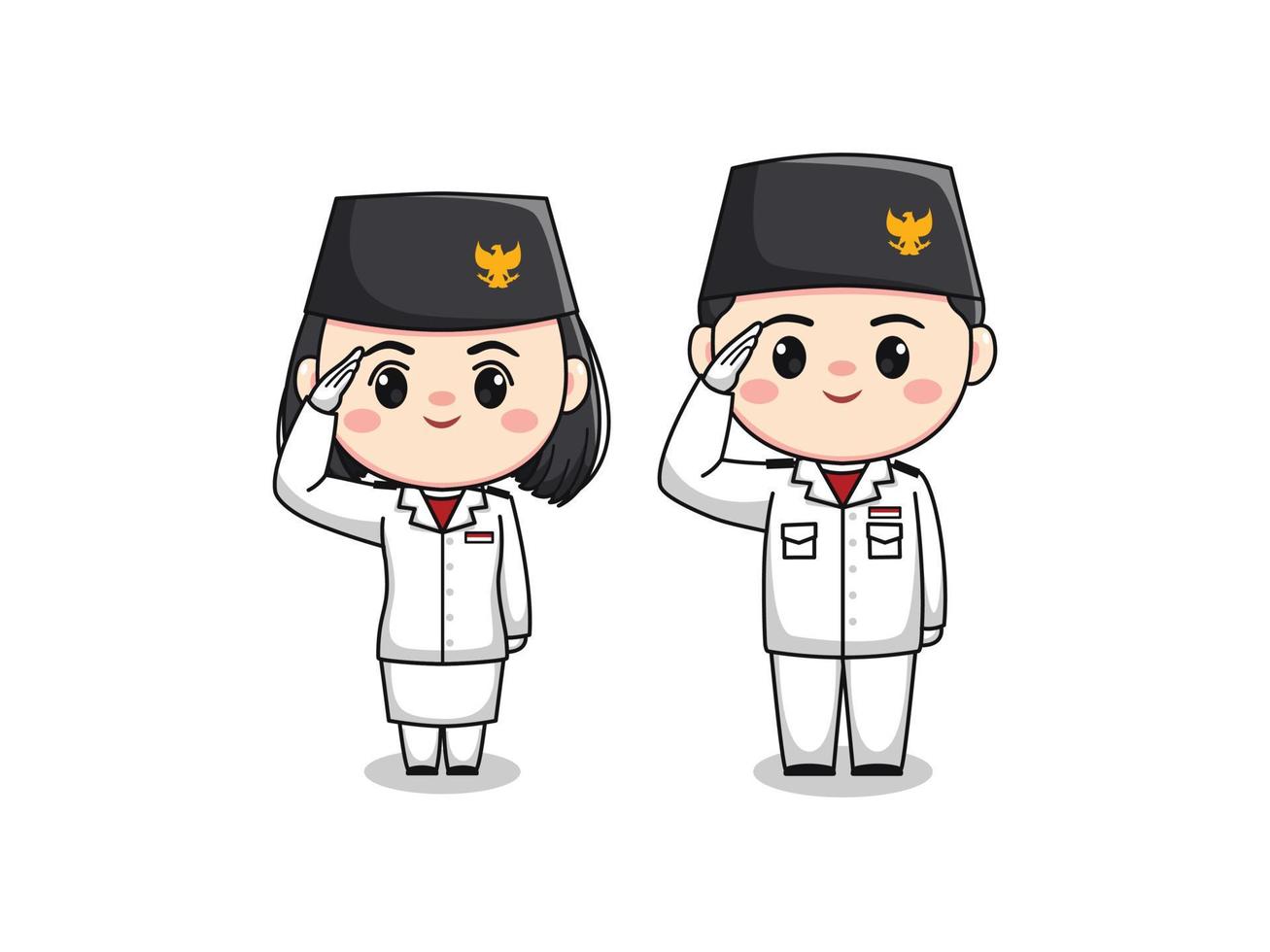 schattig jongen en meisje karakter erfgoed vlag hijsen troep indonesië onafhankelijkheidsdag met salut pose platte cartoon afbeelding chibi kawaii vector