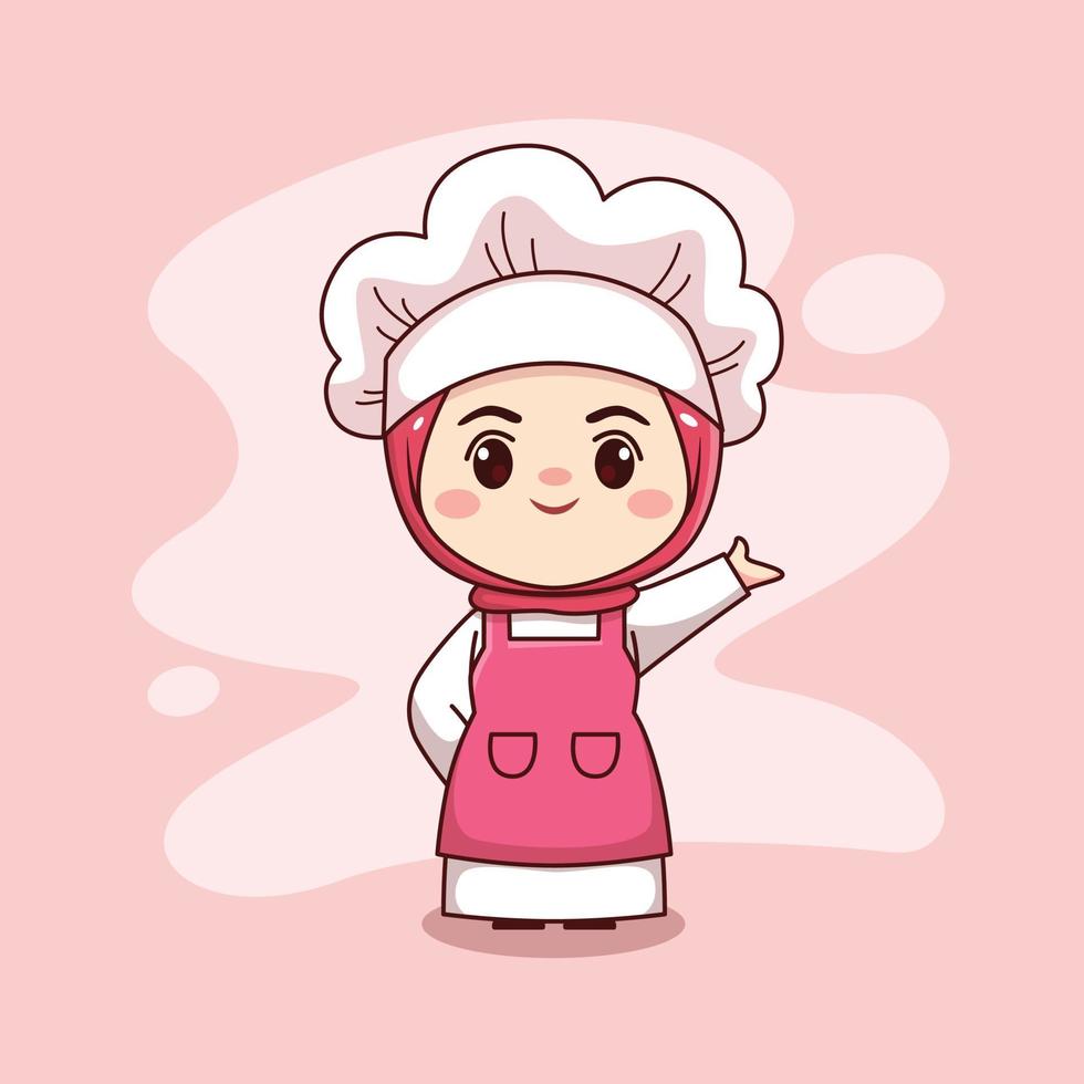 schattig en kawaii moslim vrouwelijke chef-kok met hijab cartoon manga chibi vector character design