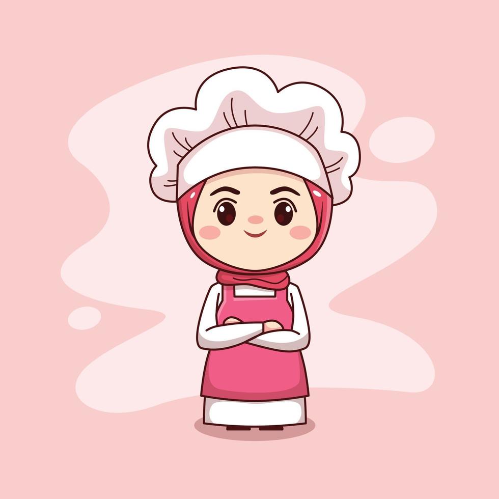 schattig en kawaii moslim vrouwelijke chef-kok met hijab cartoon manga chibi vector character design