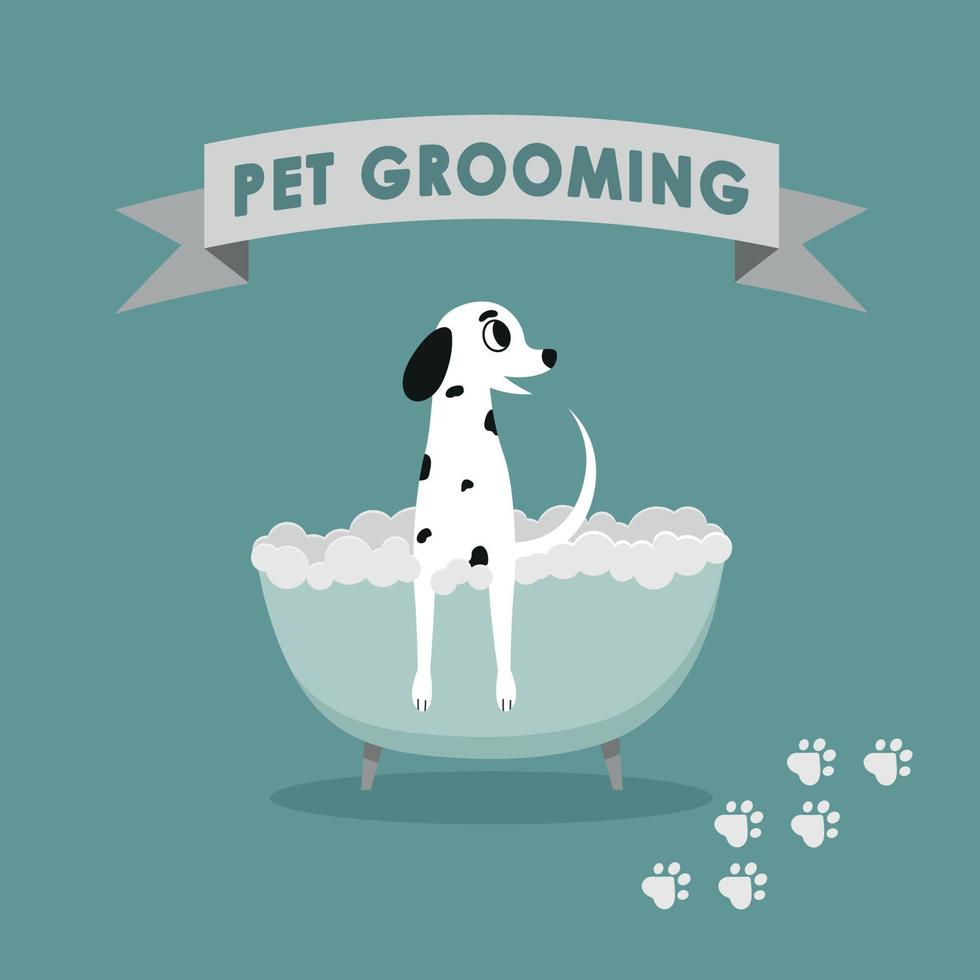 schattige honden die een douche nemen in de badkamer. een logo voor een hondenkapper, een styling- en trimsalon, een dierenwinkel. vectorillustratie van de Dalmatiër. vector