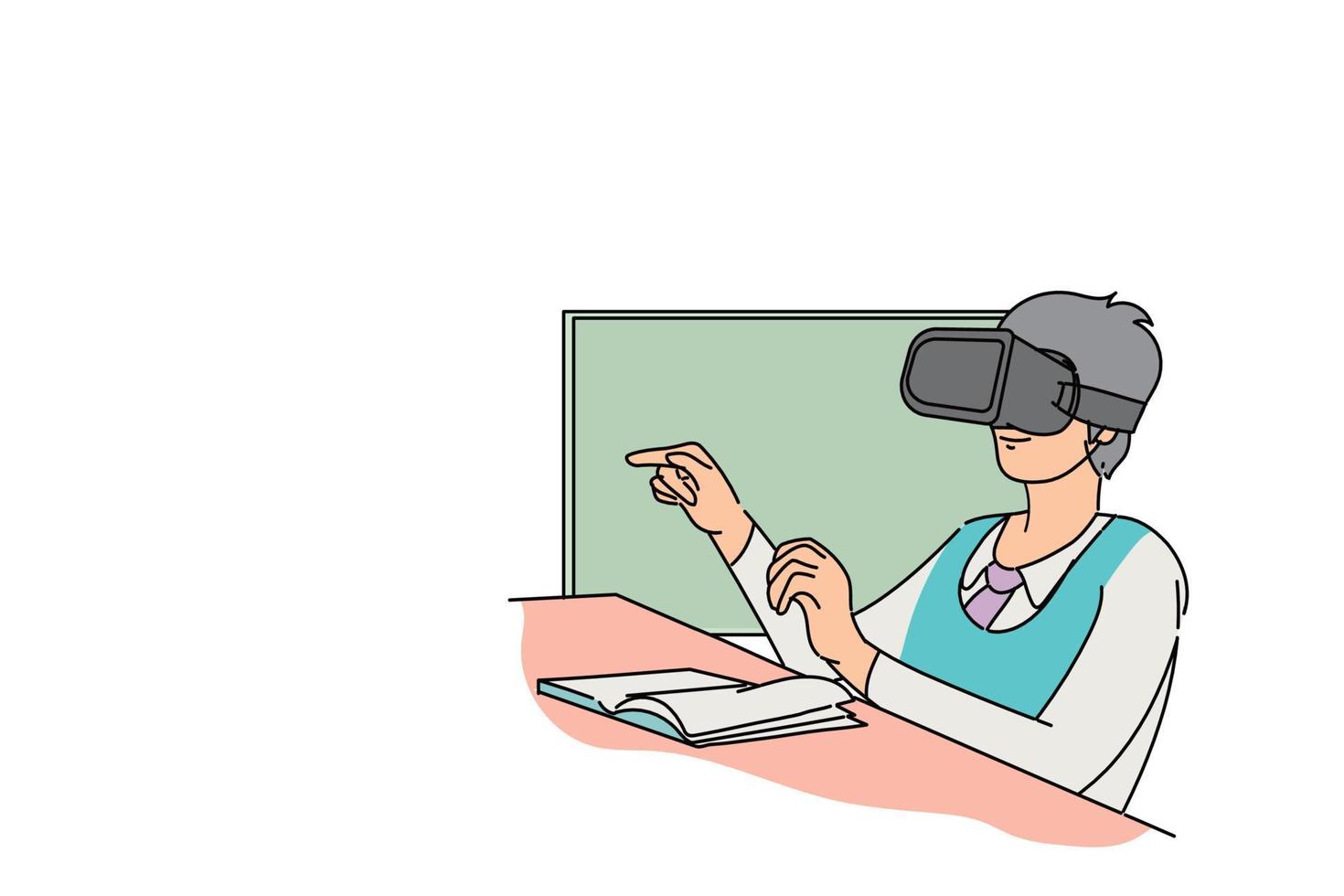 student flipping digitaal boek met vr-apparaat. platte vector illustratie ontwerp