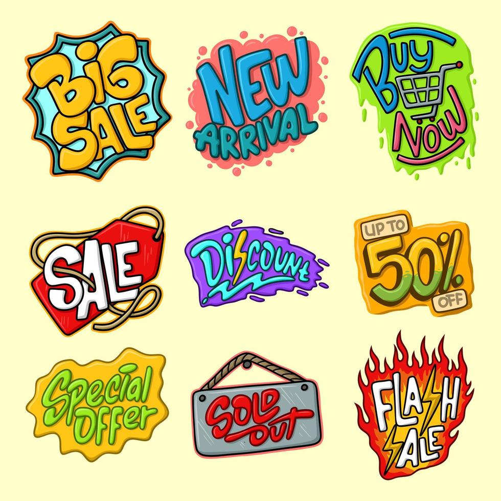 set promotie badge cartoon pop-art stijl vectoren