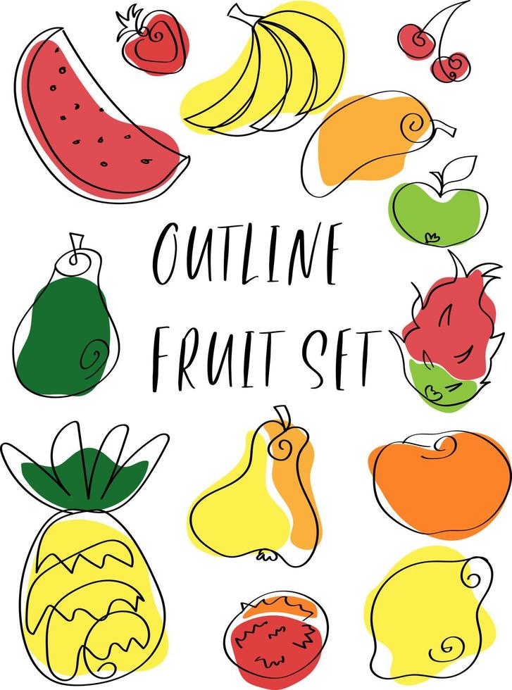 kleurrijke set van verschillende soorten fruit in trendy doodle-stijl vector