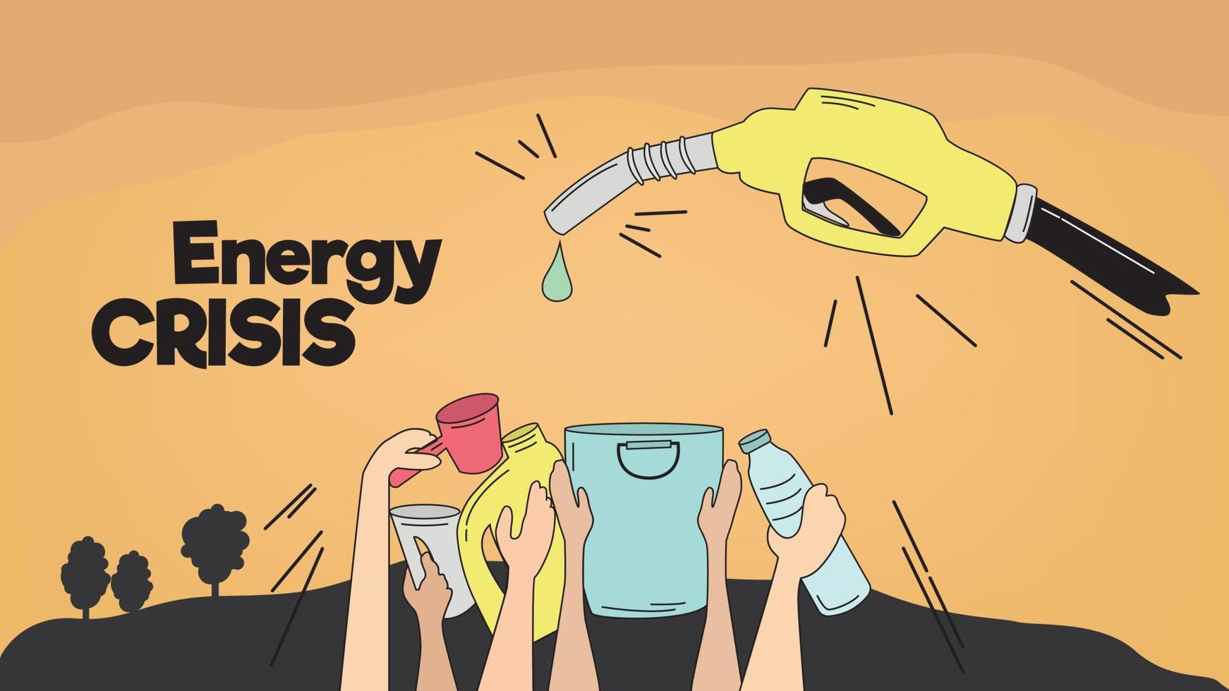 wereldwijde energiecrisis. iedereen vecht voor energie. emmer, dipper, jerrycan, minerale fles, brandstofkraan vectorillustratie op oranje achtergrond vector