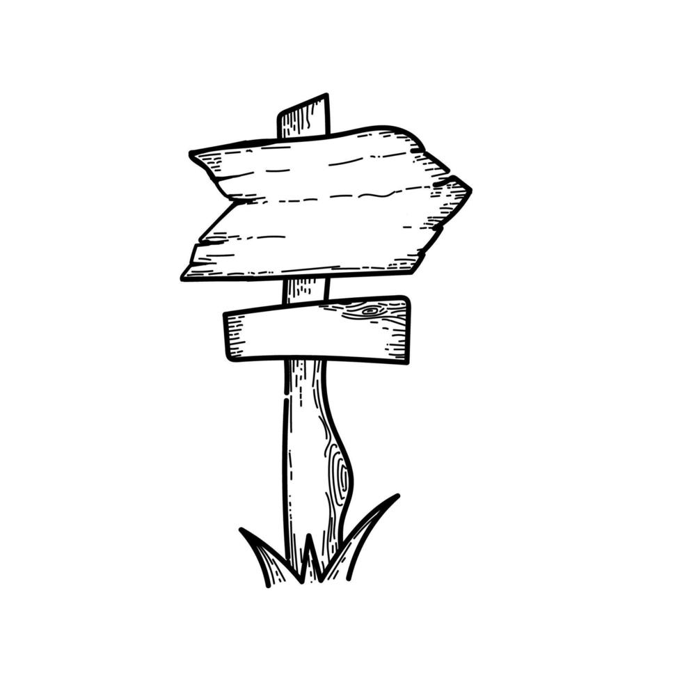 verkeersbord voor wandelpaden. handgetekende doodle-stijl element. lokaal toerisme. wegwijzer in bergen en bossen. vectorafbeelding van kampeer- of wandelitems op een witte achtergrond vector