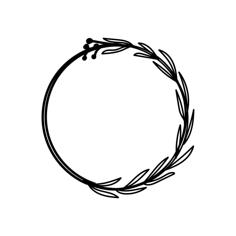 frame met een bloem cirkel, handgetekende doodle. elegant cirkelvormig frame met een krans. bladeren in een cirkel. frame met bloemenelementen, ontwerpelement voor bruiloft, wenskaart. vector illustratie