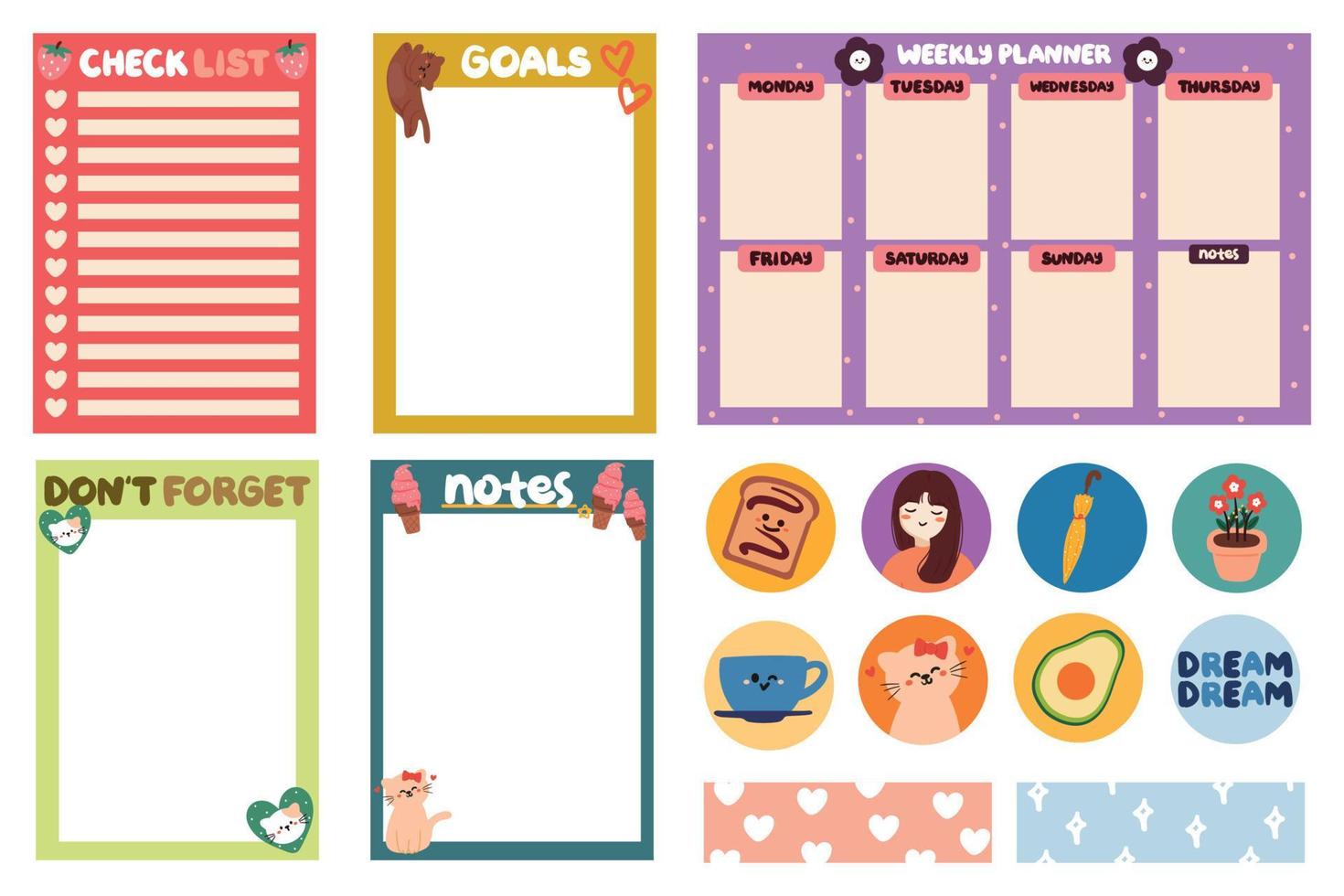 verzameling van wekelijkse en dagelijkse planner-sticker, notities, takenlijst, met letters en schattig pictogram. sjabloon voor agenda, checklist, briefpapier vector