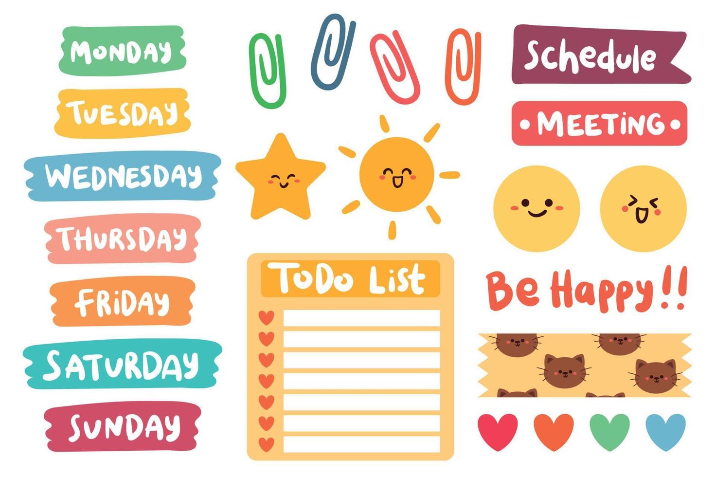 verzameling van wekelijkse en dagelijkse planner-sticker, notities, takenlijst, met letters en schattig pictogram. sjabloon voor agenda, checklist, briefpapier vector