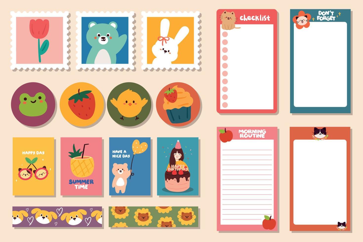 verzameling van wekelijkse en dagelijkse planner-sticker, notities, takenlijst, met letters en schattig pictogram. sjabloon voor agenda, checklist, briefpapier vector