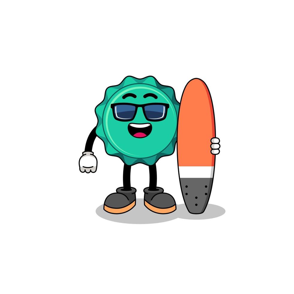 mascotte cartoon van kroonkurk als surfer vector