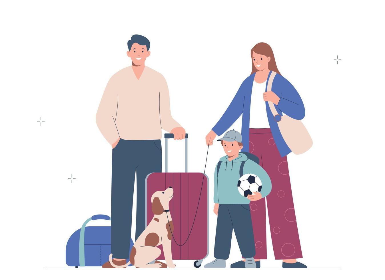 gelukkige familie gaat op vakantie. moeder, vader, kind en hond reizen samen. concept van reizen met huisdieren vector