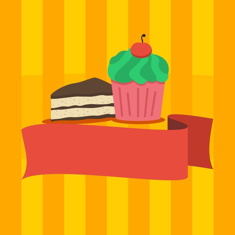 bewerkbare vector van cakes en blanco lintbanner met gele lijnenachtergrond voor cakewinkelmarketing en voedselgerelateerd ontwerp