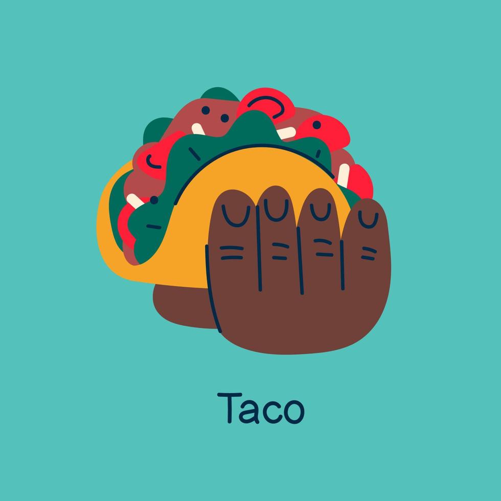 Mexicaans taco-eten in de hand. vector clipart in een trendy stijl.