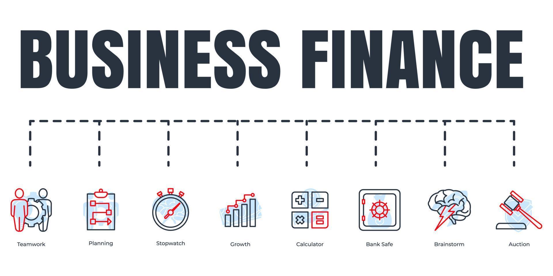 zakelijke financiën banner web icon set. brainstorm, groei, rekenmachine, stopwatch, planning, veiling, bankkluis, teamwork vector illustratie concept.