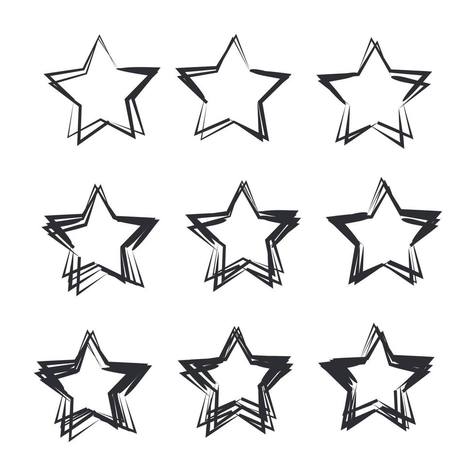 set van zwarte hand getrokken vector sterren in doodle stijl sjabloon kleur bewerkbaar. kan worden gebruikt als patroon symbool vector teken geïsoleerd op een witte achtergrond afbeelding voor grafisch en webdesign.