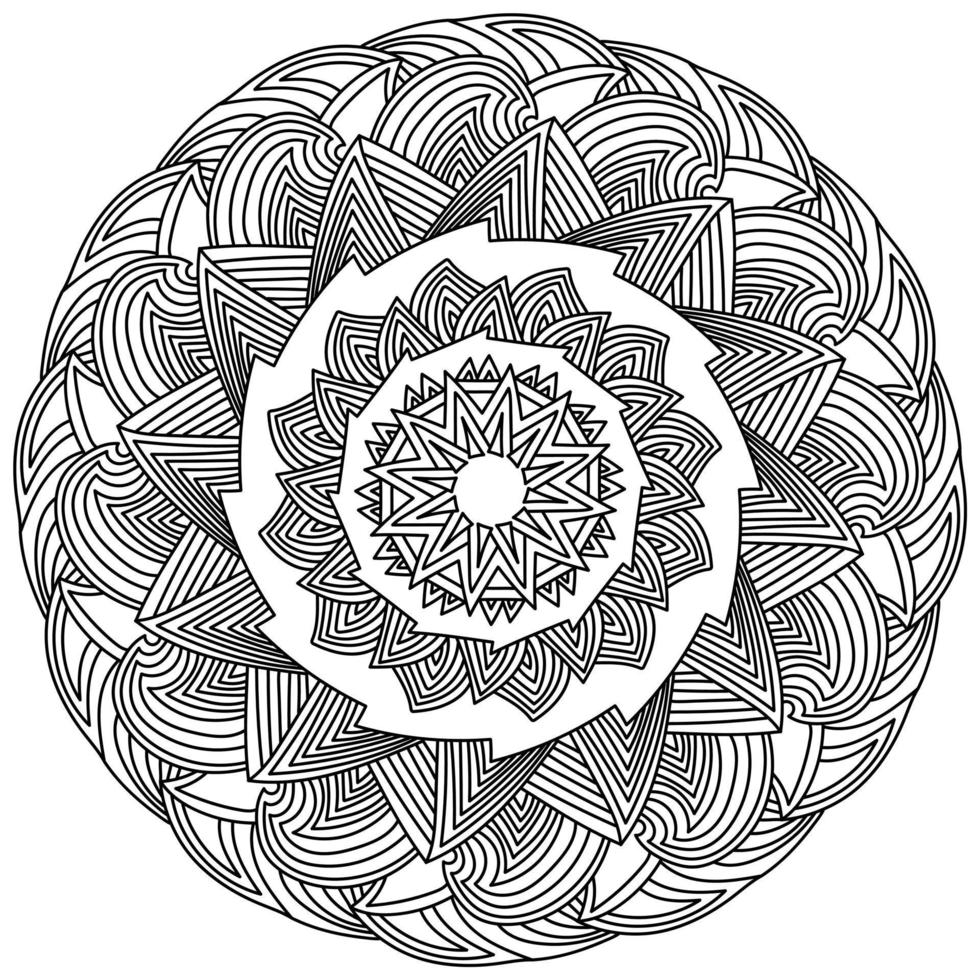 contour sierlijke mandala met driehoekige elementen en symmetrische lijnen, kleurplaat anti-stressprogramma in de vorm van een rond frame met zen-lijnen vector