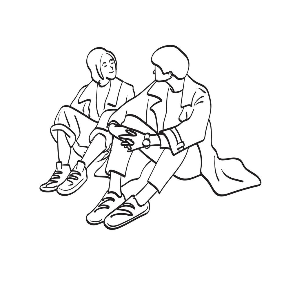 lijn kunst paar liefhebbers in jas zitten en praten met elkaar illustratie vector hand getekend geïsoleerd op een witte achtergrond