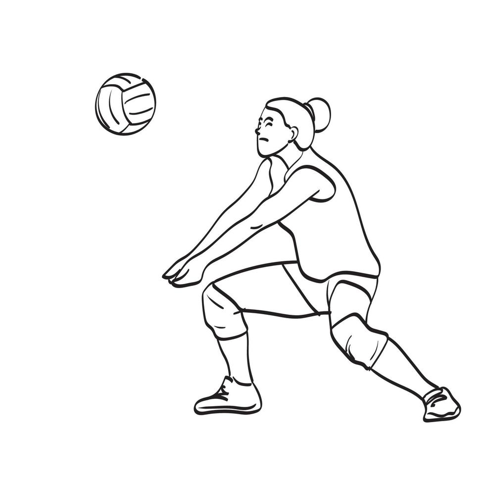 lijn kunst vrouw volleybal speler met bal en apparatuur illustratie vector hand getekend geïsoleerd op witte background