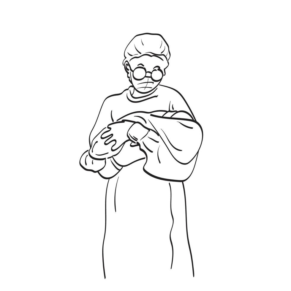 verpleegster in medisch masker met pasgeboren baby illustratie vector hand getekend geïsoleerd op een witte achtergrond lijntekeningen.