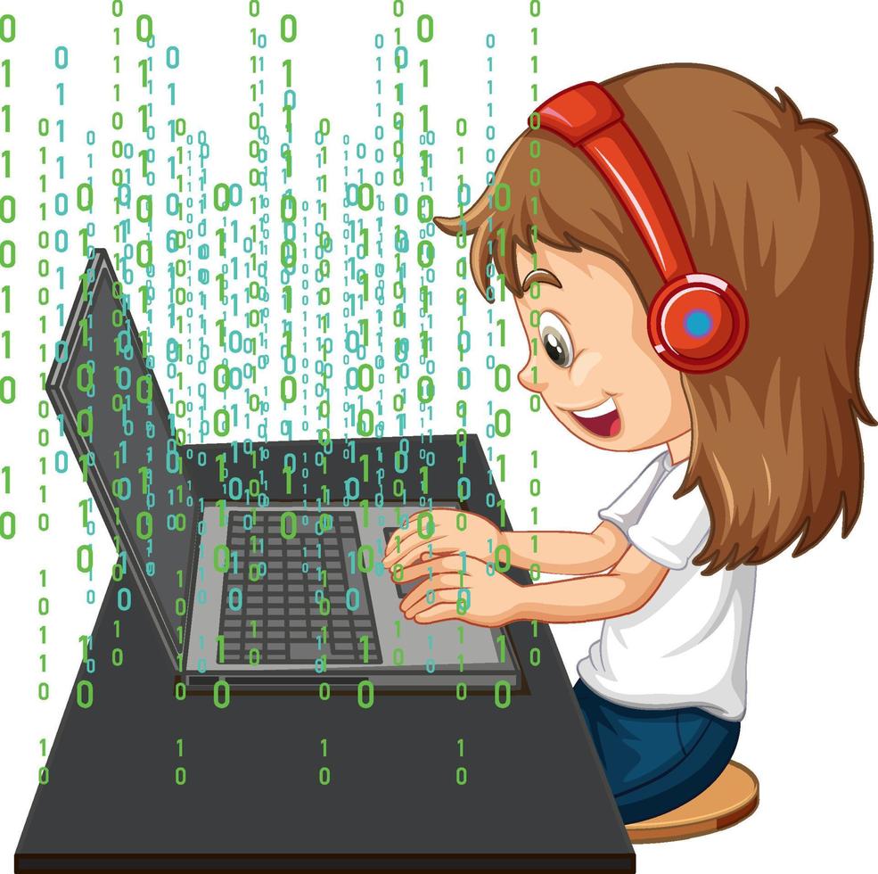 een meisje dat een laptop gebruikt met binaire code vector