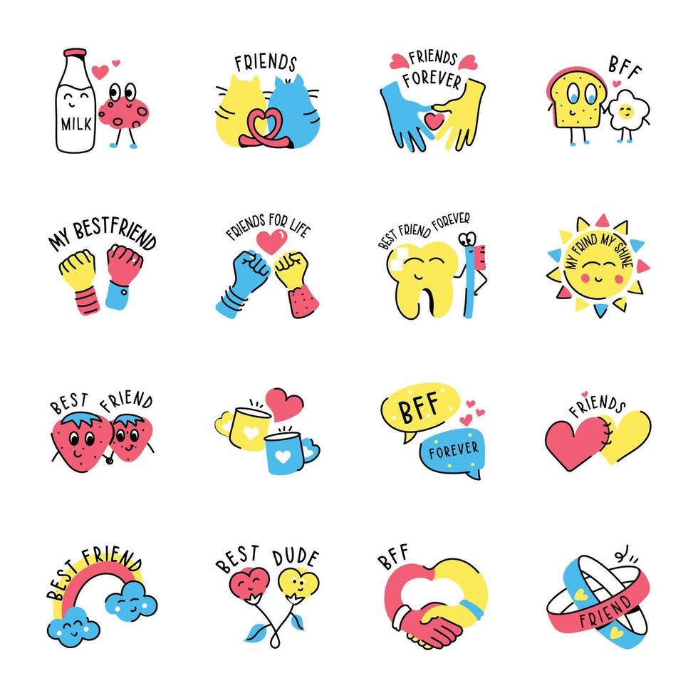 bundel platte stickers voor vriendschapsdag vector
