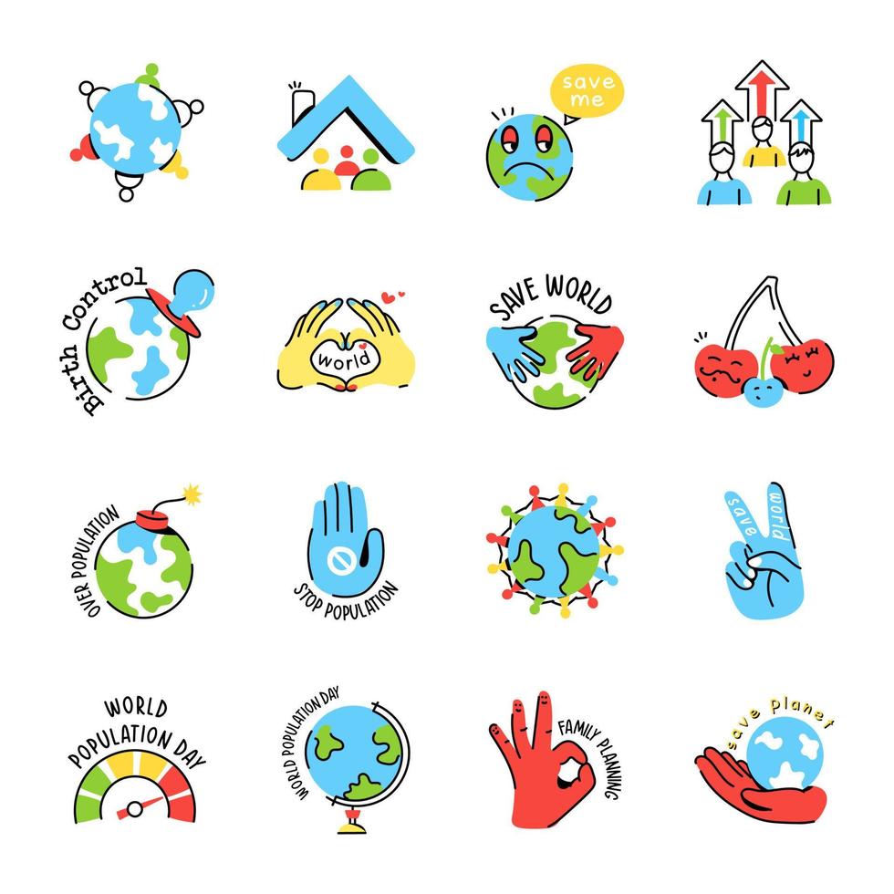 trendy platte stickers van wereldbevolking vector