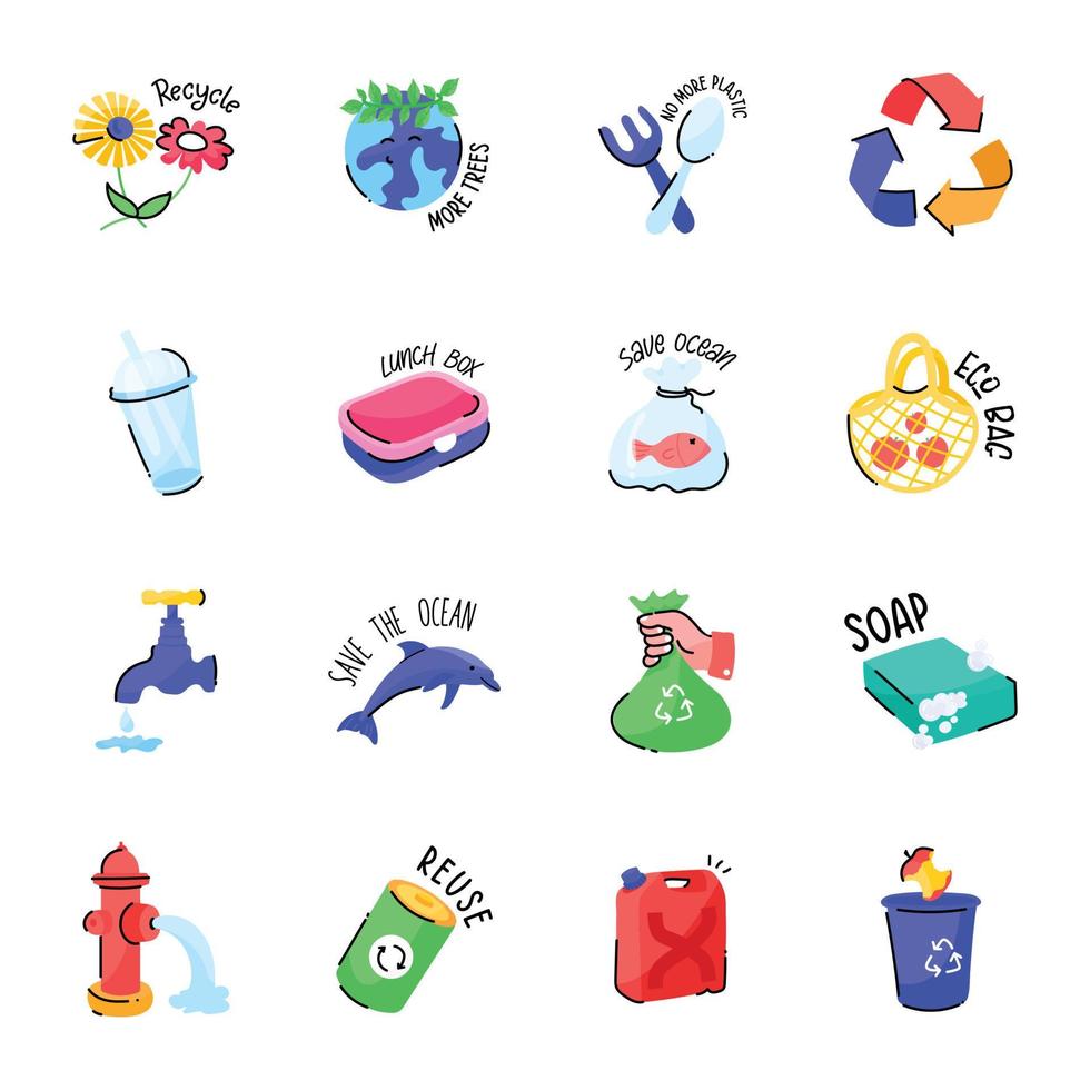 pakket met doodle-stickers voor recyclingprocessen vector