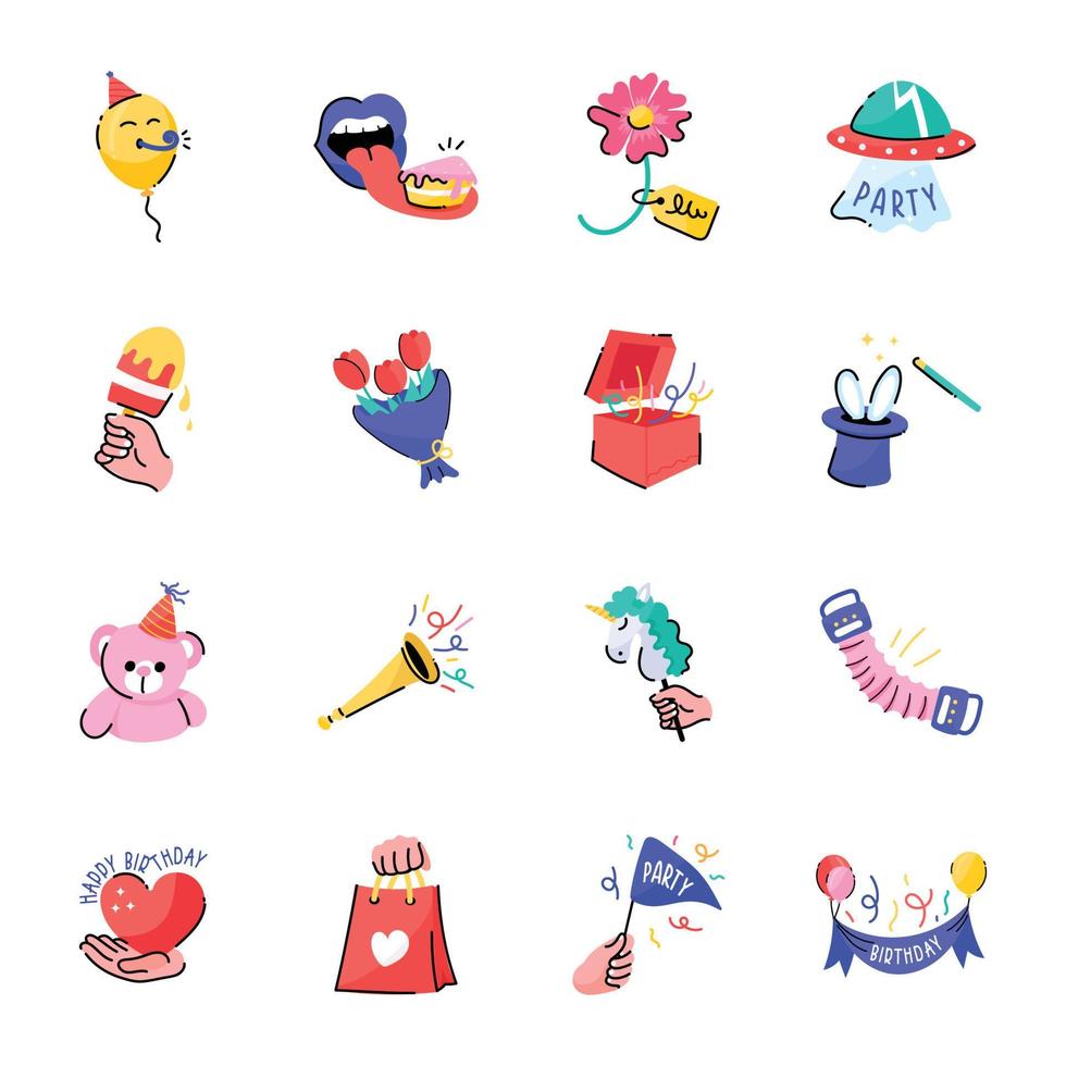 bundel doodle stickers voor verjaardagsfeestjes vector