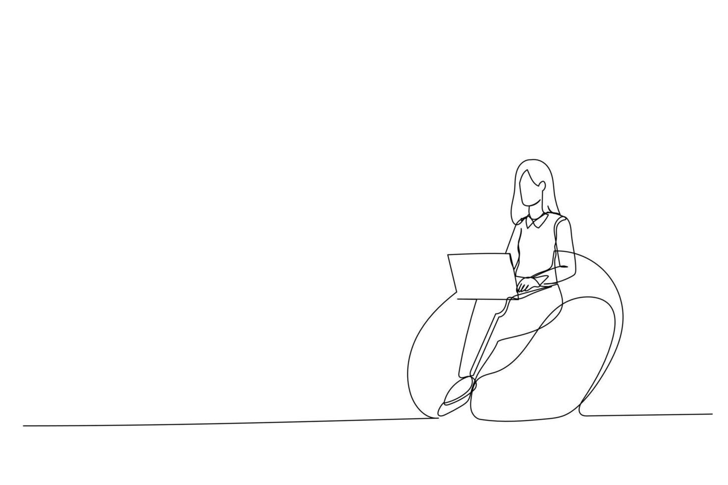 cartoon van slimme meid zitten rieten fauteuil werk laptop draag wit t-shirt spijkerbroek in huis binnenshuis enkele doorlopende lijn kunststijl vector