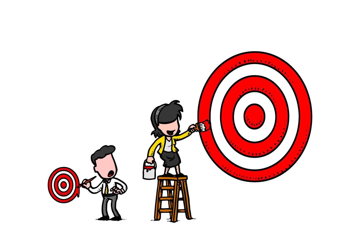zakenvrouw op ladder heeft een groter doelwit dan een mannelijke collega. visie concept. karikatuur vectorillustratieontwerp op geïsoleerde witte background vector