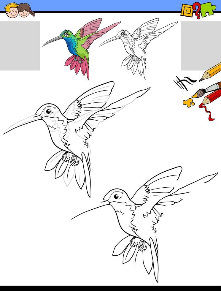 teken- en kleurtaak met kolibriekarakter vector