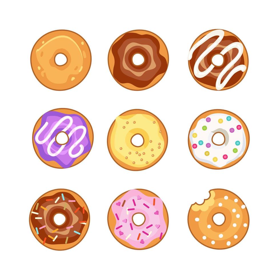 set van heldere donuts. vectorillustratie van desserts. verzameling van zoete gebakjes vector