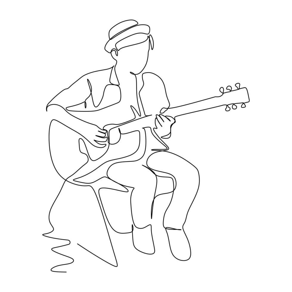 een mannelijke muzikant speelt akoestische gitaar. continue eenvoudige lijntekening. vectorillustratie voor muziek- en entertainmentconcept vector