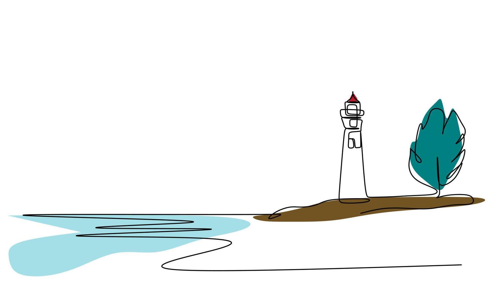 vuurtoren, baken en eiland. moderne lineaire eenvoudige logo sjabloon voor posterbanner. vuurtorens en oceaangolven. doorlopende lijn tekenen ontwerp grafische vectorillustratie vector