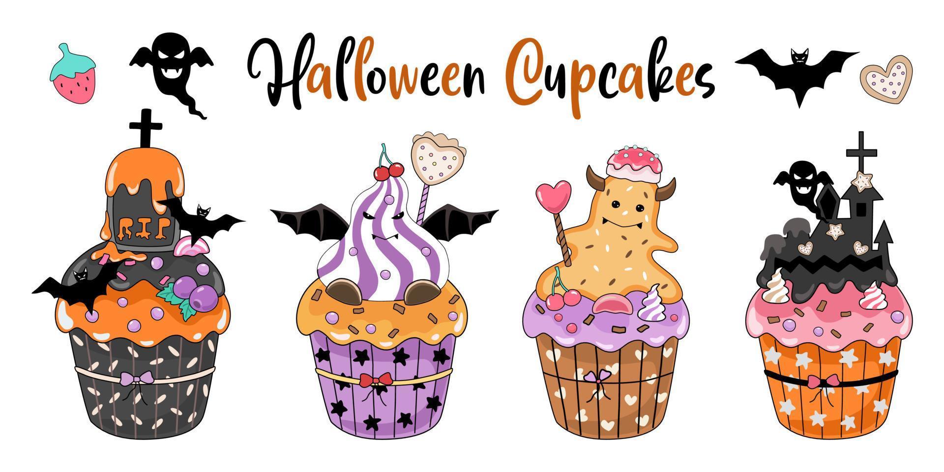 halloween cupcakes ontworpen in doodle stijl op witte achtergrond. geweldig voor het decoreren van halloween-thema's, kaarten, tshirtontwerpen, kussens, stickers, digitale prints en meer. vector