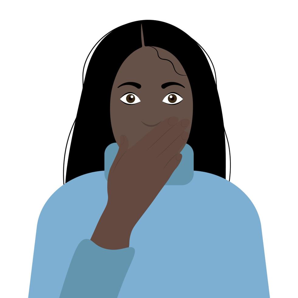 portretbeeld van een zwart meisje dat haar mond bedekte met haar hand in afschuw, een platte vector, isoleren op een witte achtergrond, een meisje in een blauwe trui vector