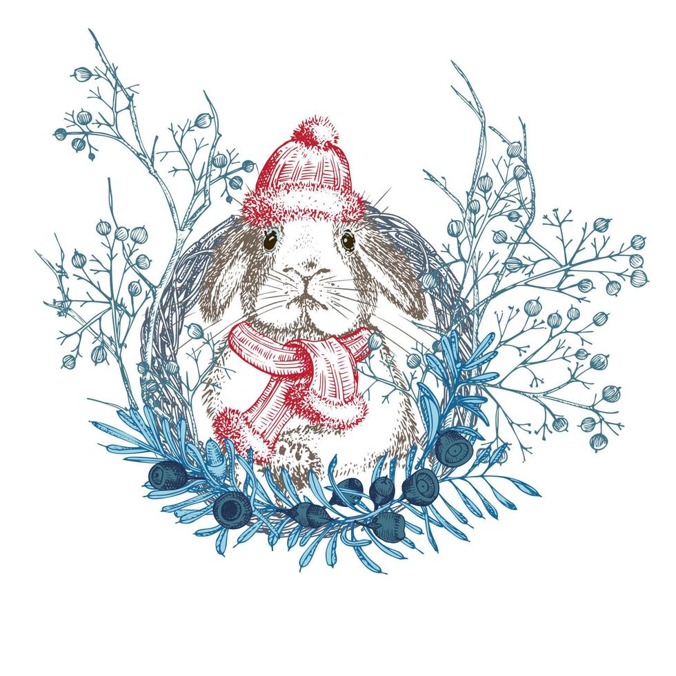 hand getekende konijn in rode muts, sjaal kerst krans konijn symbool chinees nieuwjaar 2023. kerst decort. tatoeage kunst. zwart-wit schets gravure stijl ontwerp. vector