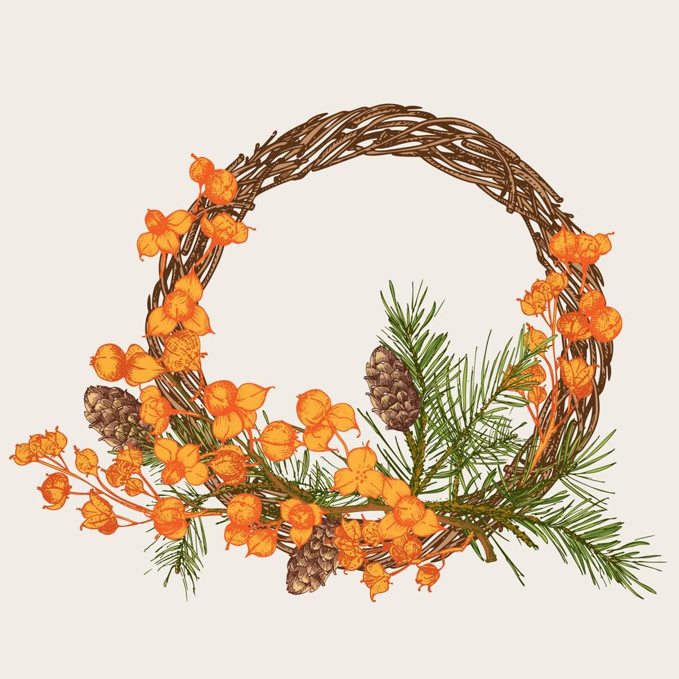 handgetekende schets herfstkrans met dennenappels, bessen, takken, bladeren in graveerstijl. vintage floristische deur krans. Thanksgiving retro decor bruiloft grafisch frame hallo, herfst. vector. vector