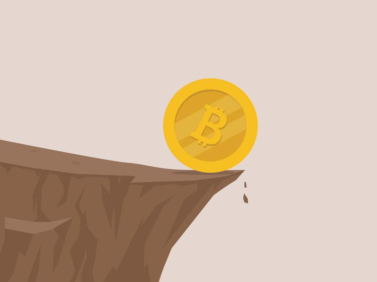 een bitcoin die naar de rand van een klif de afgrond in rolt, cryptocurrency-risicoconcept vector
